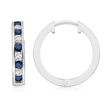 2mm AA Channel-Set Blue Sapphire and Diamond Hinged Hoop Earrings in White Gold 