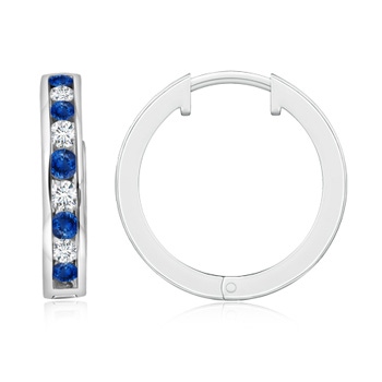 2mm AAA Channel-Set Blue Sapphire and Diamond Hinged Hoop Earrings in White Gold 