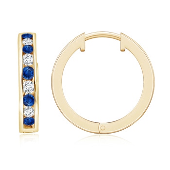 2mm AAA Channel-Set Blue Sapphire and Diamond Hinged Hoop Earrings in Yellow Gold 