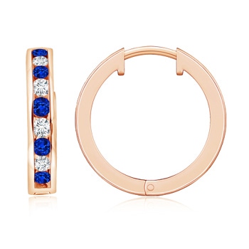 2mm AAAA Channel-Set Blue Sapphire and Diamond Hinged Hoop Earrings in Rose Gold