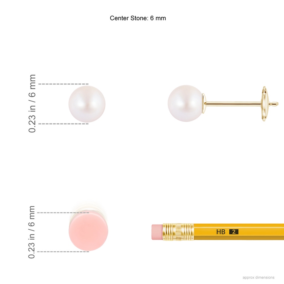 6mm AA Classic Japanese Akoya Pearl Solitaire Studs in Yellow Gold ruler