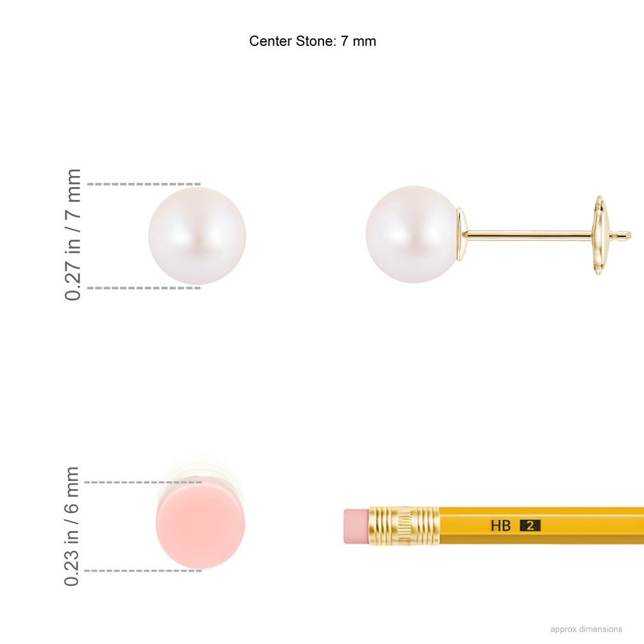 7mm AA Classic Japanese Akoya Pearl Solitaire Studs in Yellow Gold ruler
