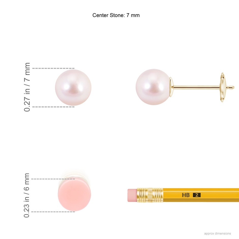 7mm AAAA Classic Japanese Akoya Pearl Solitaire Studs in Yellow Gold ruler