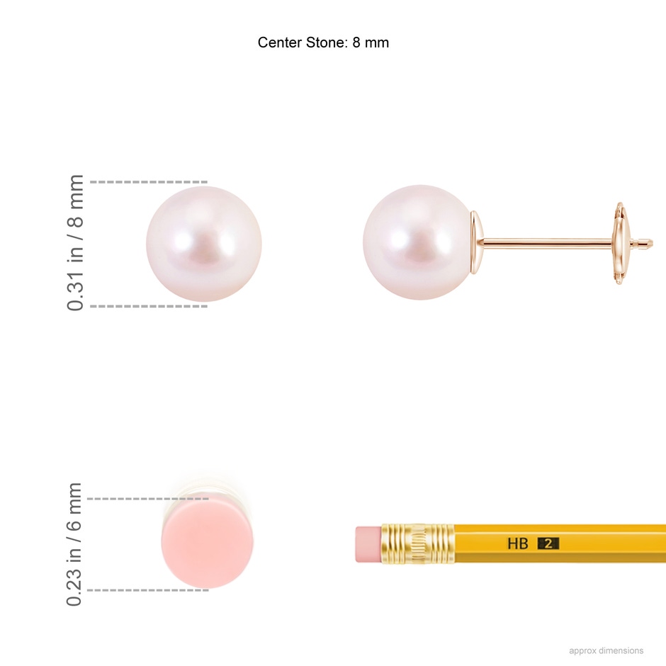 8mm AAAA Classic Japanese Akoya Pearl Solitaire Studs in Rose Gold ruler
