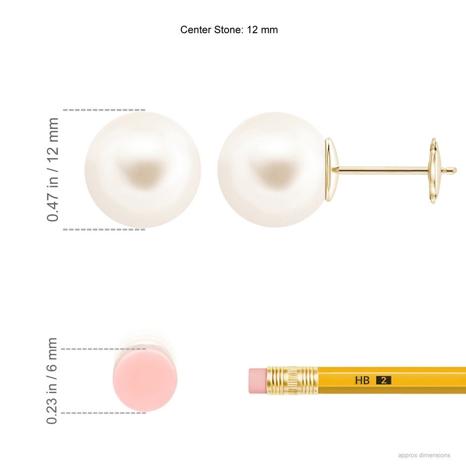 12mm AAA Classic Freshwater Pearl Solitaire Studs in Yellow Gold ruler