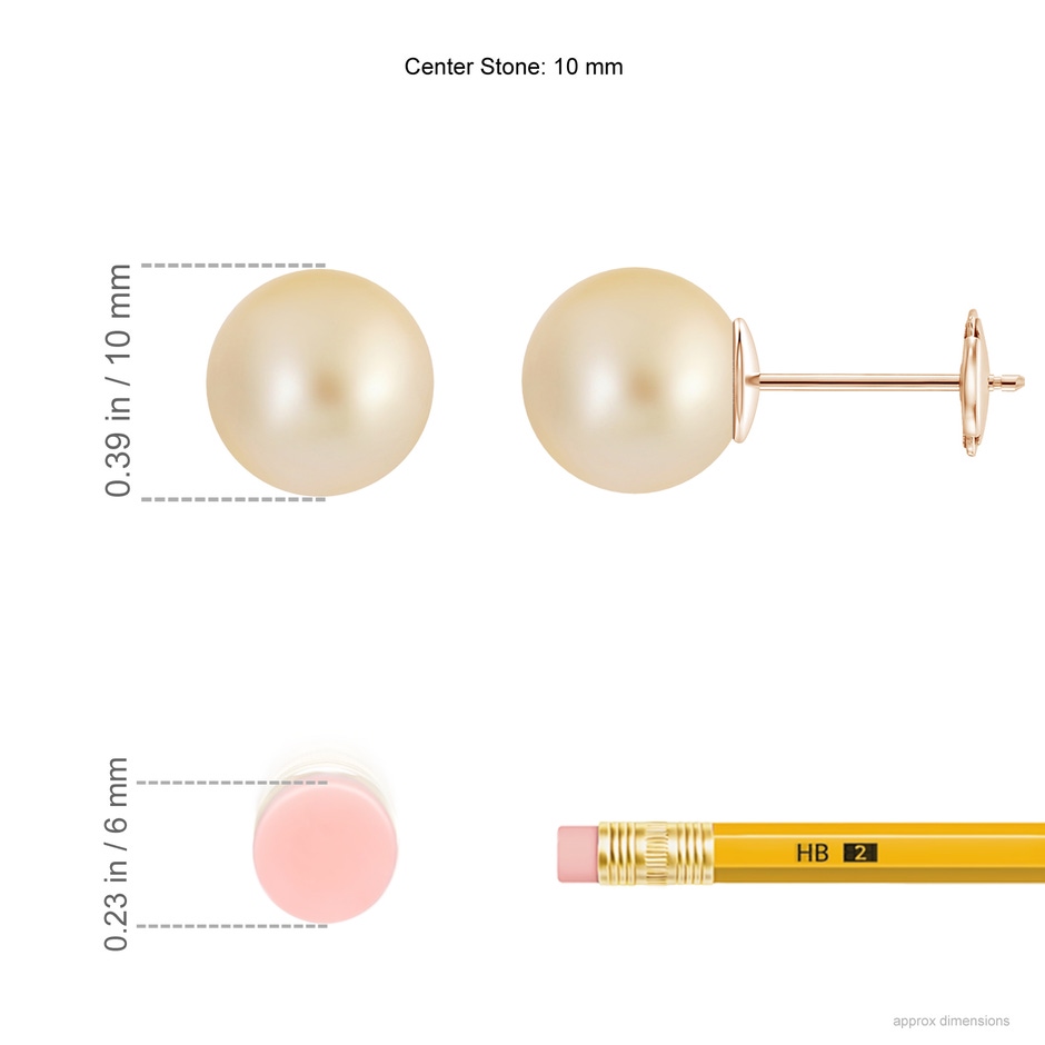 10mm AA Classic Golden South Sea Pearl Solitaire Studs in Rose Gold ruler