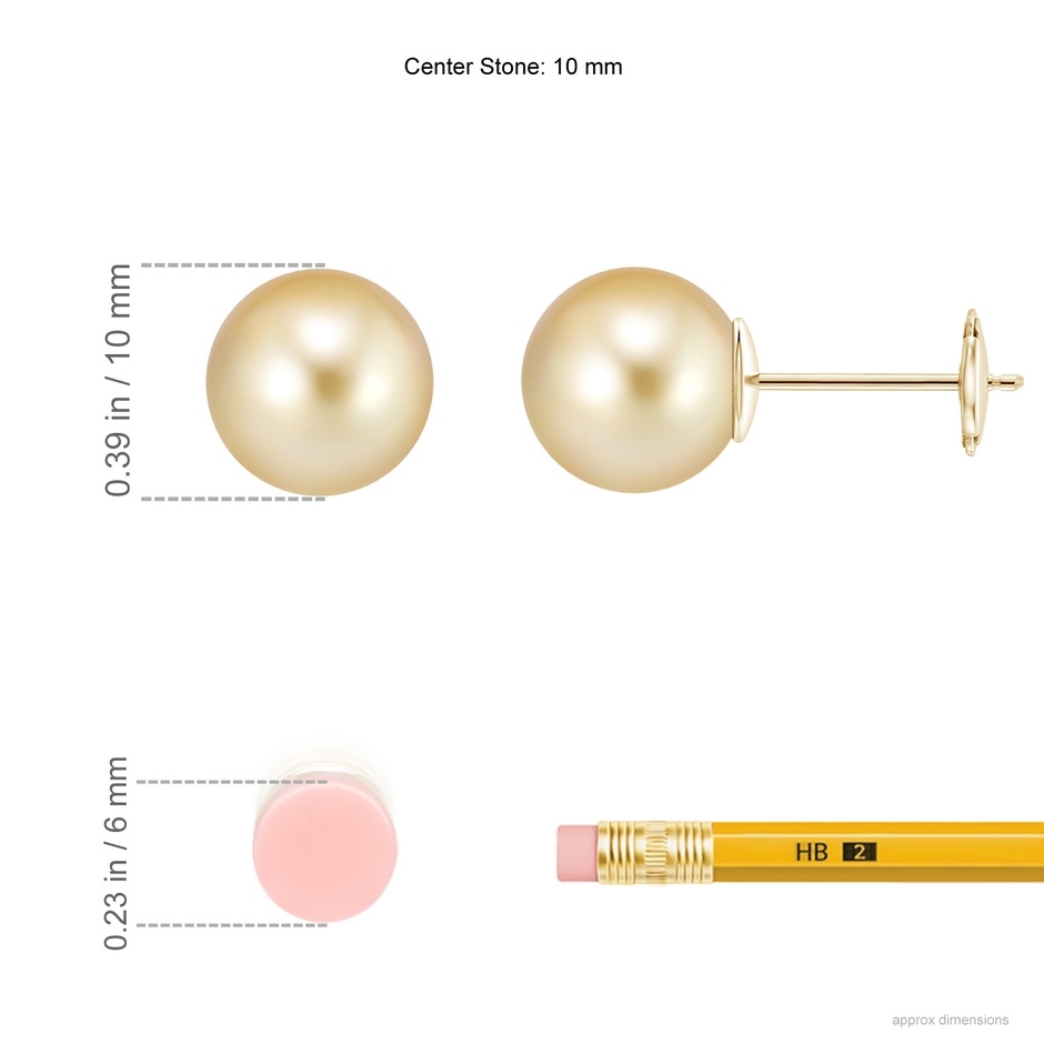 10mm AAAA Classic Golden South Sea Pearl Solitaire Studs in 10K Yellow Gold ruler