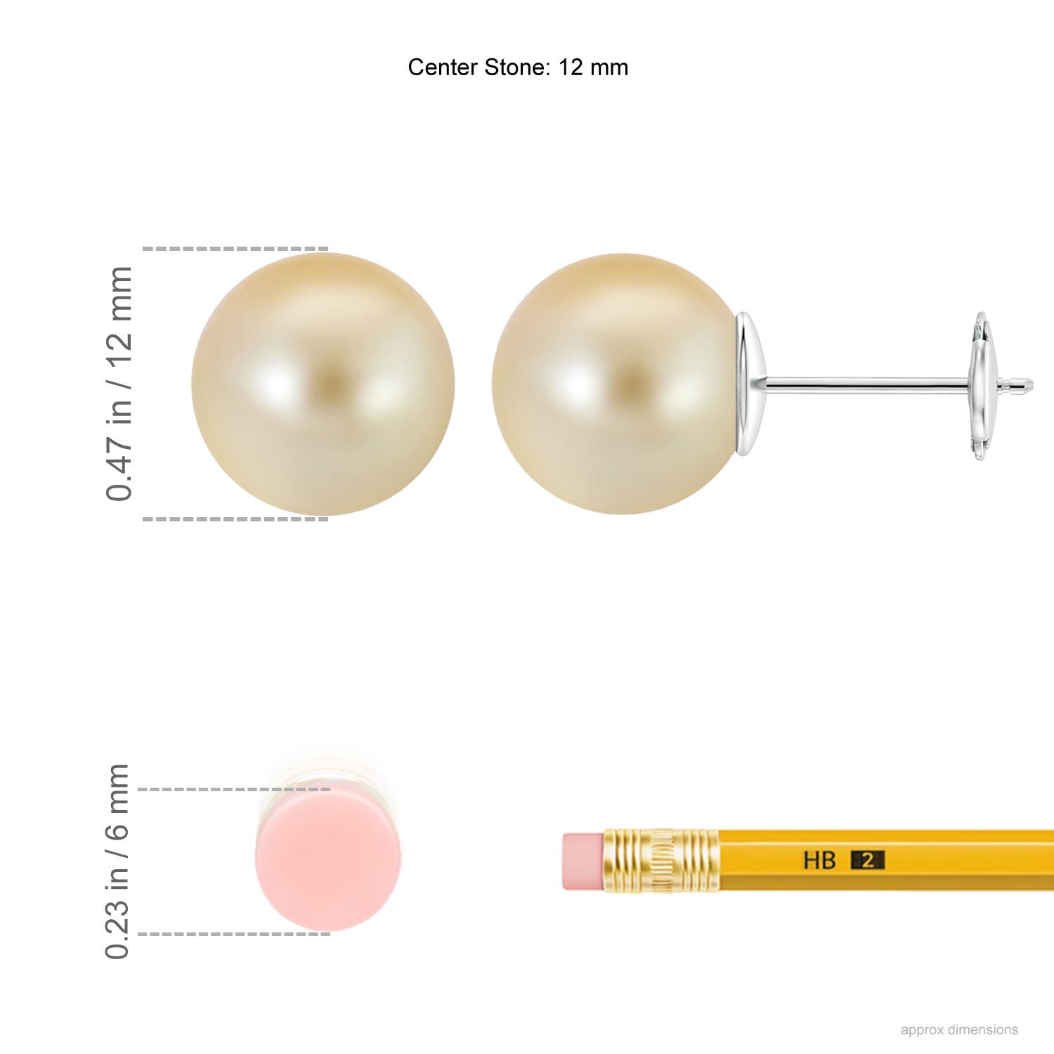 12mm AAA Classic Golden South Sea Pearl Solitaire Studs in White Gold - ruler