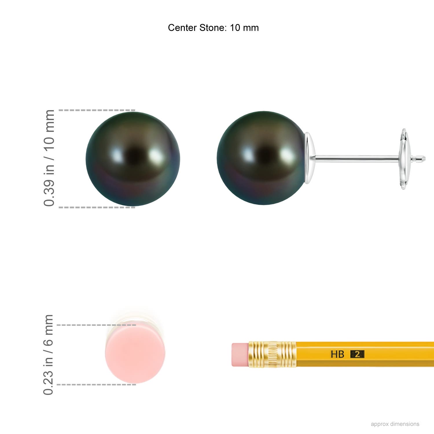 10mm AAAA Classic Tahitian Pearl Solitaire Studs in White Gold - ruler