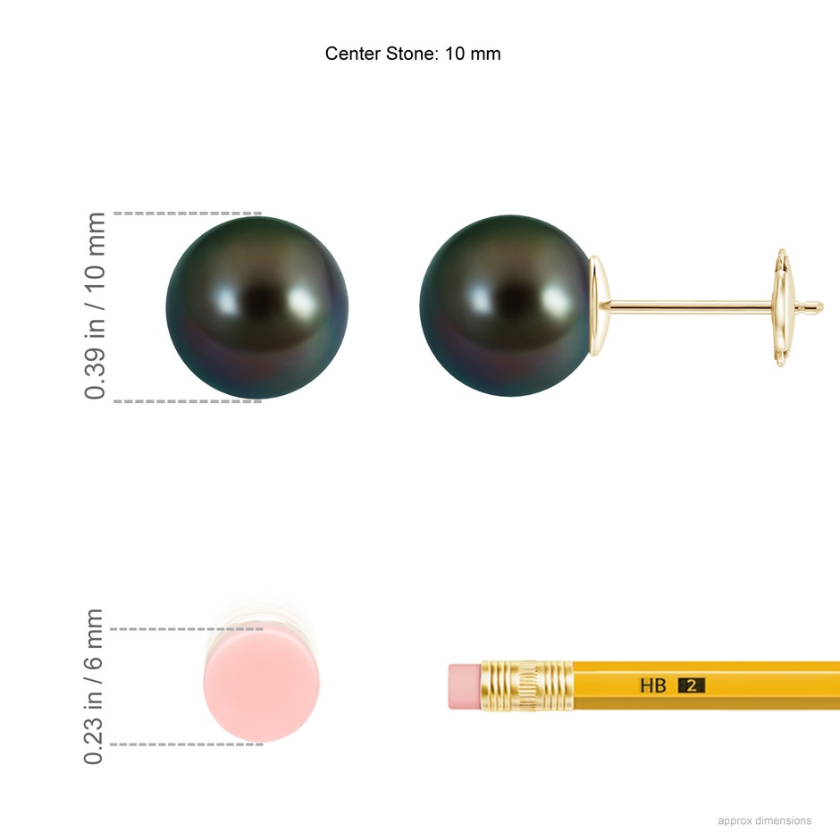 10mm AAAA Classic Tahitian Pearl Solitaire Studs in Yellow Gold ruler