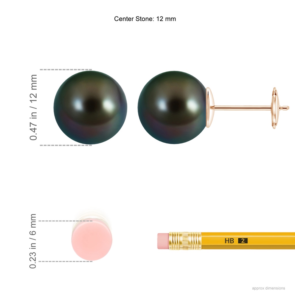 12mm AAAA Classic Tahitian Pearl Solitaire Studs in Rose Gold Ruler