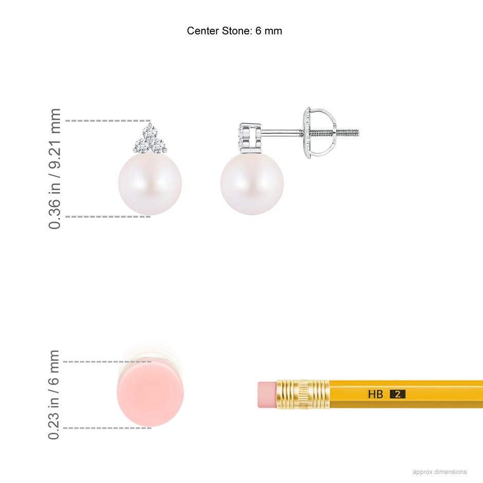 6mm AA Japanese Akoya Pearl Stud Earrings with Trio Diamonds in 9K White Gold ruler