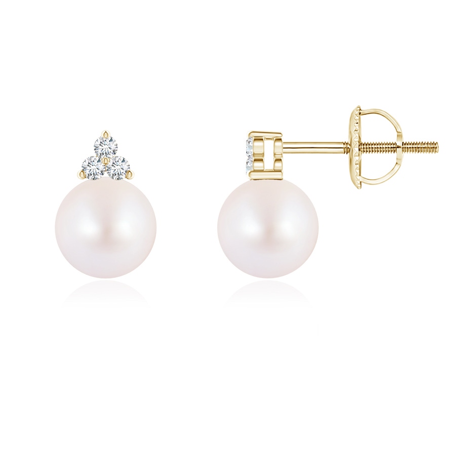 6mm AA Japanese Akoya Pearl Stud Earrings with Trio Diamonds in Yellow Gold 