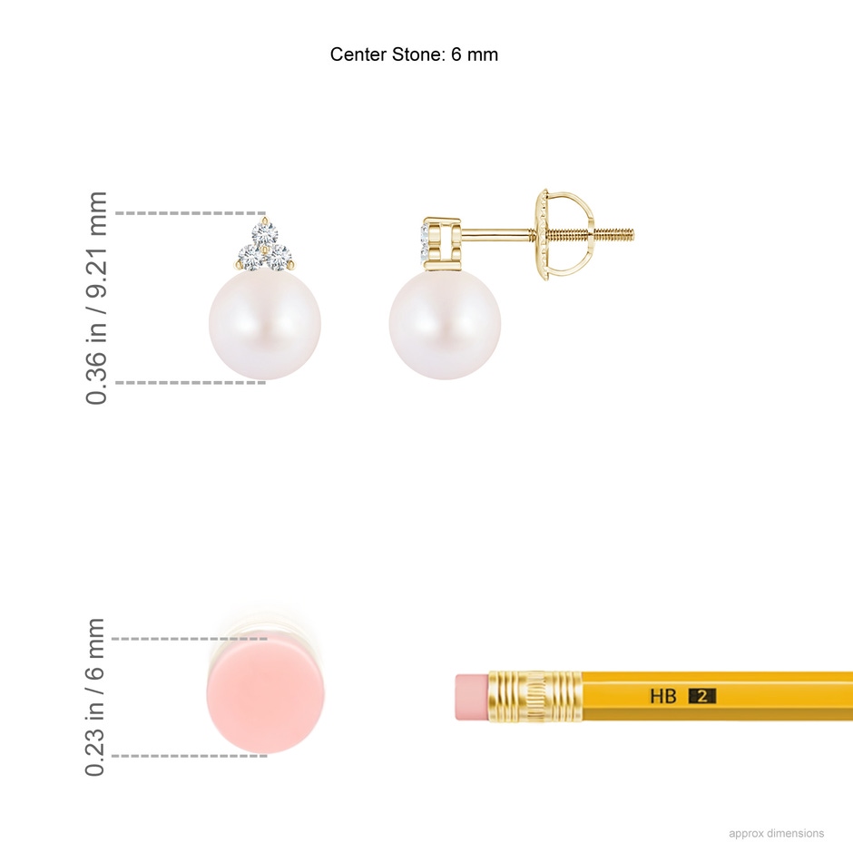 6mm AA Japanese Akoya Pearl Stud Earrings with Trio Diamonds in Yellow Gold ruler
