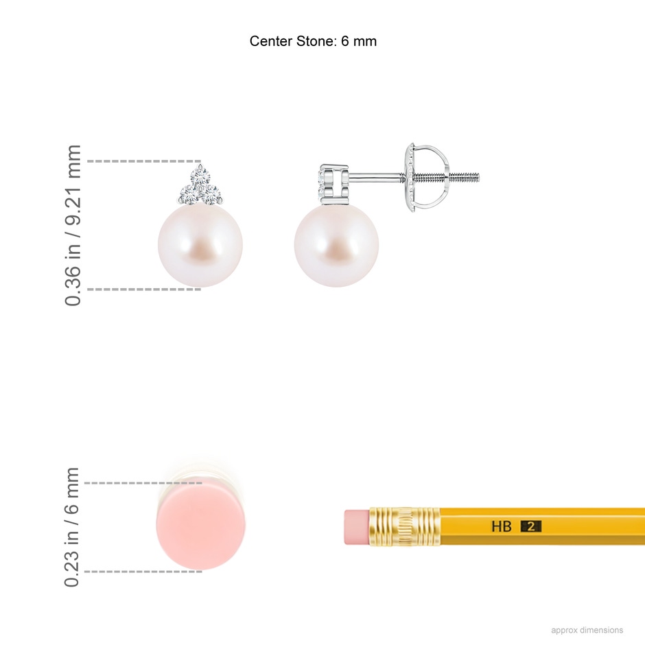6mm AAA Japanese Akoya Pearl Stud Earrings with Trio Diamonds in White Gold ruler