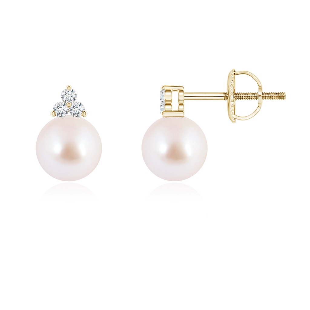 6mm AAA Japanese Akoya Pearl Stud Earrings with Trio Diamonds in Yellow Gold