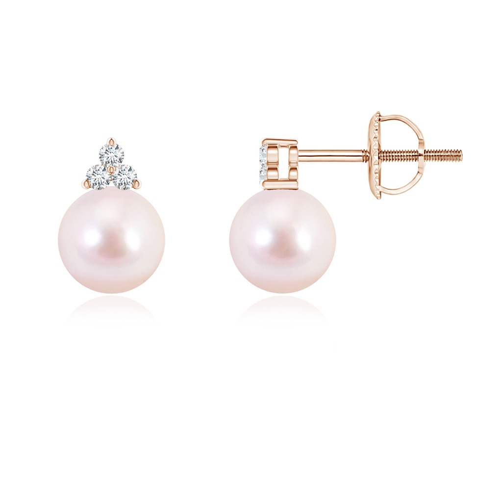 6mm AAAA Japanese Akoya Pearl Stud Earrings with Trio Diamonds in Rose Gold