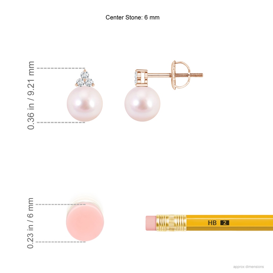 6mm AAAA Japanese Akoya Pearl Stud Earrings with Trio Diamonds in Rose Gold ruler