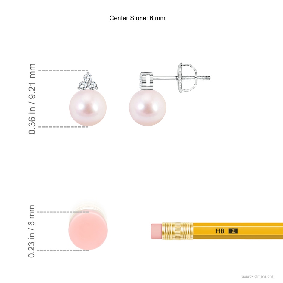 6mm AAAA Japanese Akoya Pearl Stud Earrings with Trio Diamonds in White Gold ruler