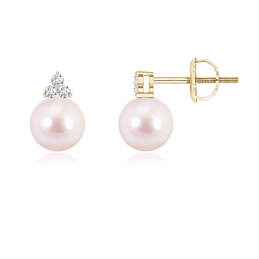 6mm AAAA Japanese Akoya Pearl Stud Earrings with Trio Diamonds in Yellow Gold