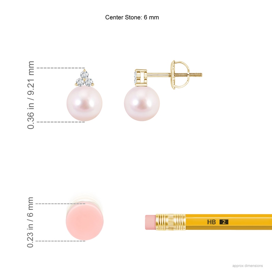 6mm AAAA Japanese Akoya Pearl Stud Earrings with Trio Diamonds in Yellow Gold ruler