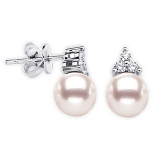 7mm AAA Japanese Akoya Pearl Stud Earrings with Trio Diamonds in 9K White Gold