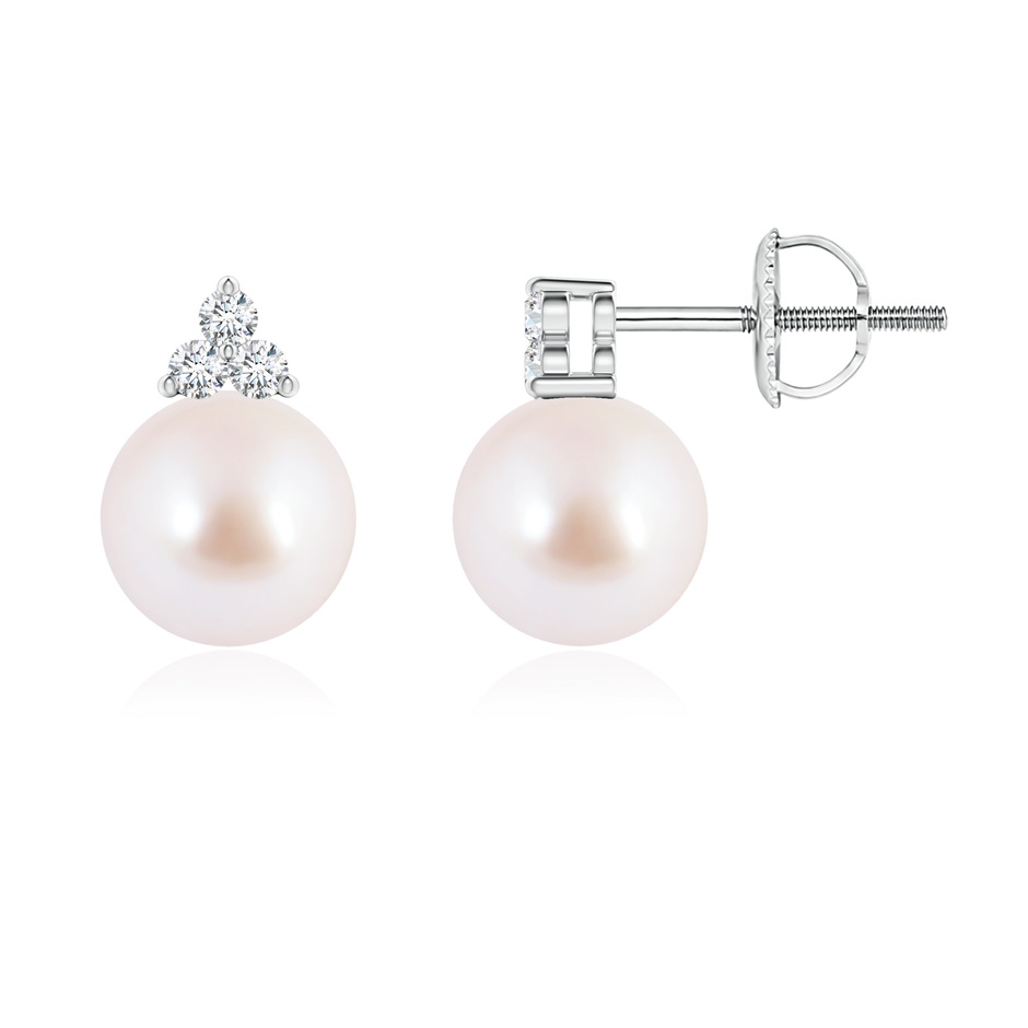 7mm AAA Japanese Akoya Pearl Stud Earrings with Trio Diamonds in White Gold 