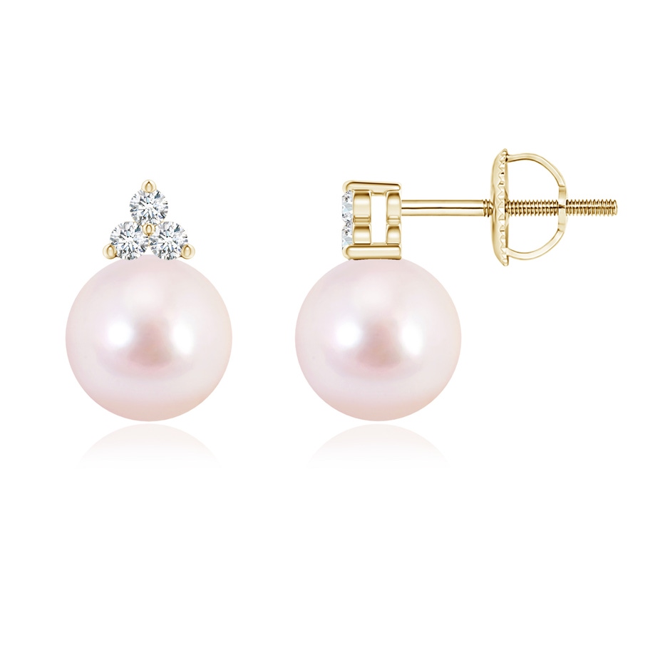 7mm AAAA Japanese Akoya Pearl Stud Earrings with Trio Diamonds in Yellow Gold 