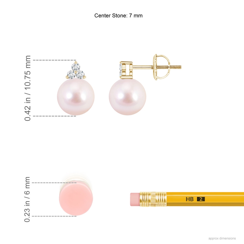 7mm AAAA Japanese Akoya Pearl Stud Earrings with Trio Diamonds in Yellow Gold ruler