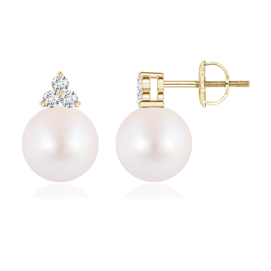 8mm AA Japanese Akoya Pearl Stud Earrings with Trio Diamonds in Yellow Gold 