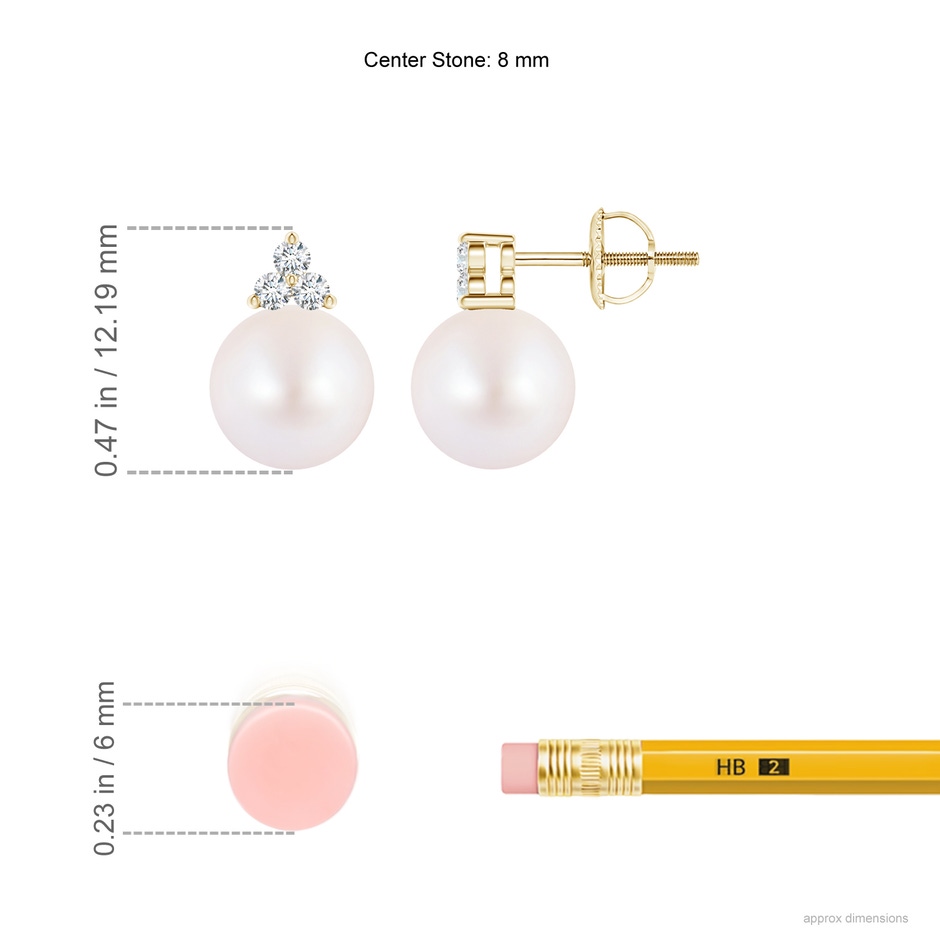 8mm AA Japanese Akoya Pearl Stud Earrings with Trio Diamonds in Yellow Gold ruler