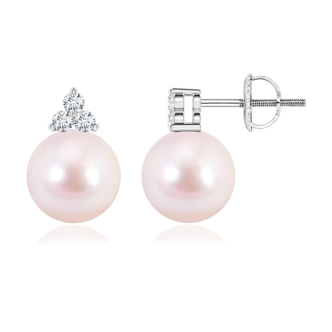 8mm AAAA Japanese Akoya Pearl Stud Earrings with Trio Diamonds in White Gold
