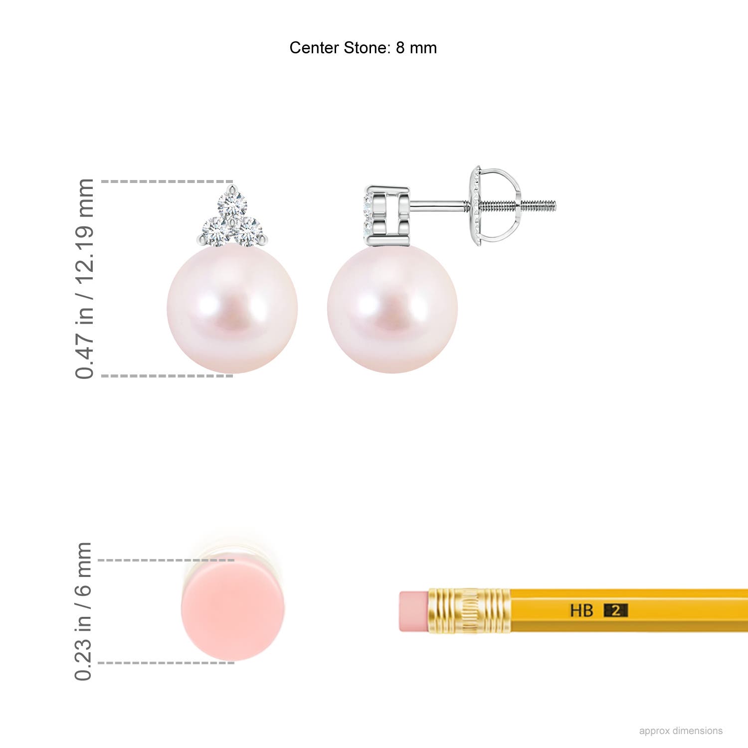 8mm AAAA Japanese Akoya Pearl Stud Earrings with Trio Diamonds in White Gold - ruler
