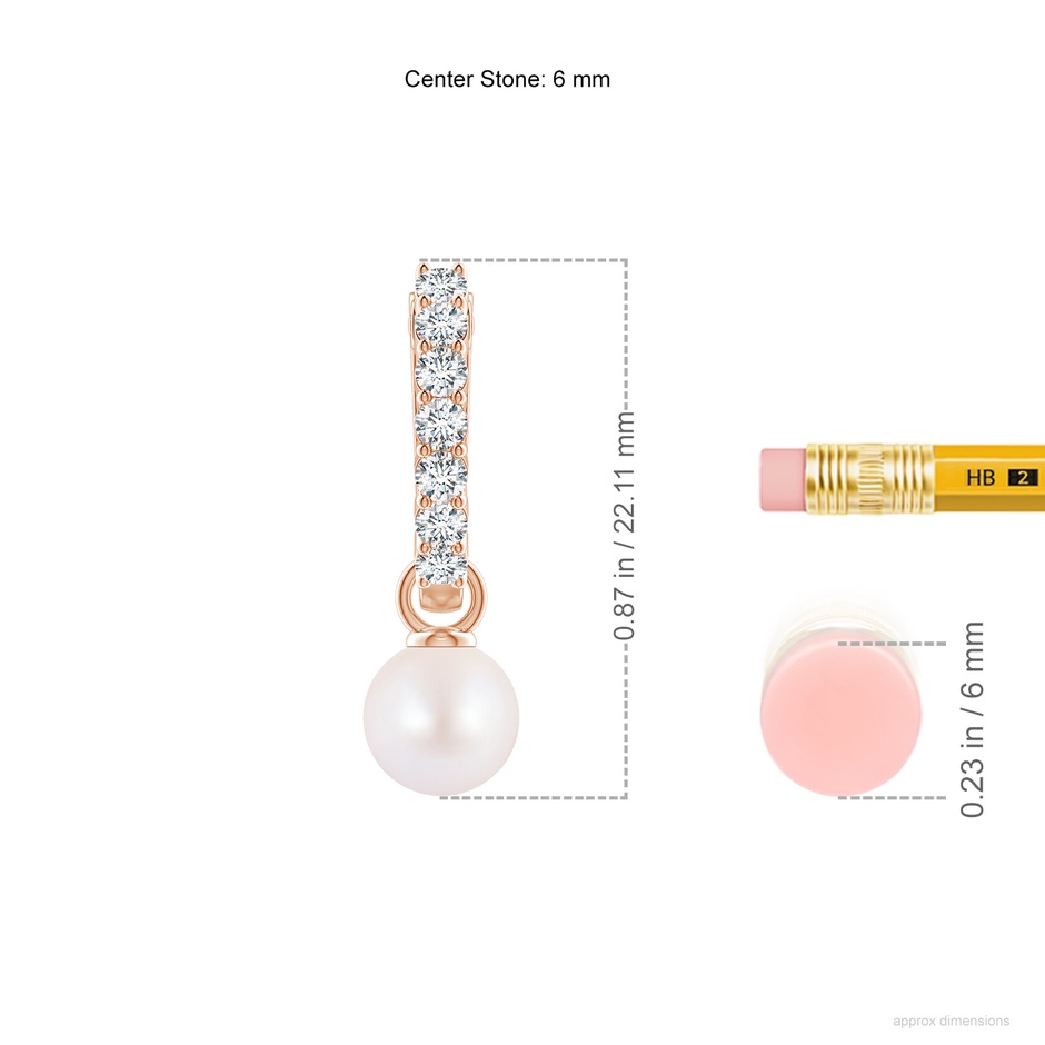 6mm AA Japanese Akoya Pearl Hinged Clip Earrings with Diamonds in Rose Gold ruler