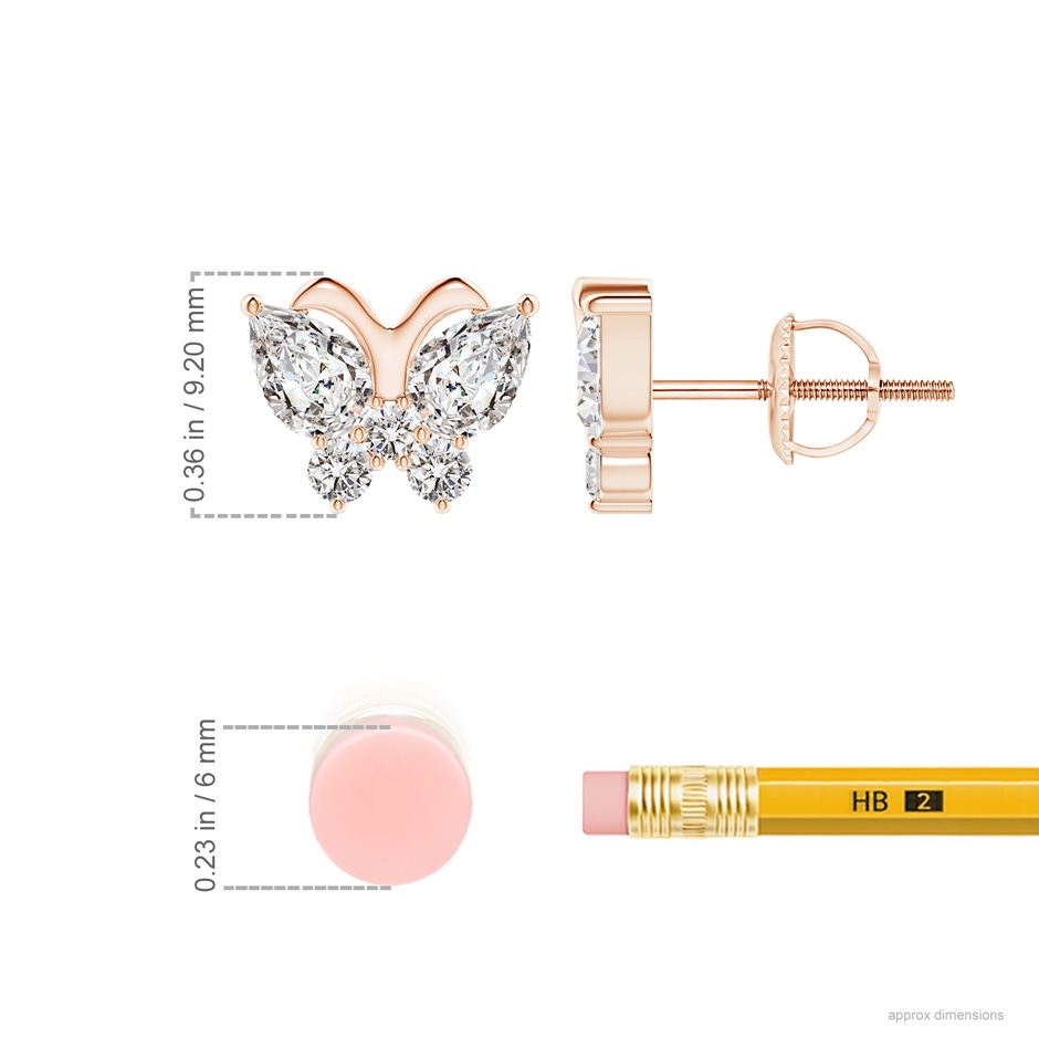 6x4mm IJI1I2 Diamond Butterfly Stud Earrings in Rose Gold ruler