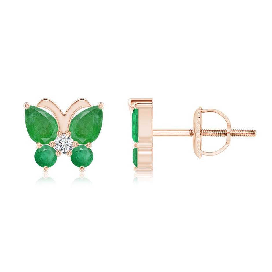 4x3mm A Emerald Butterfly Stud Earrings with Diamond in Rose Gold 