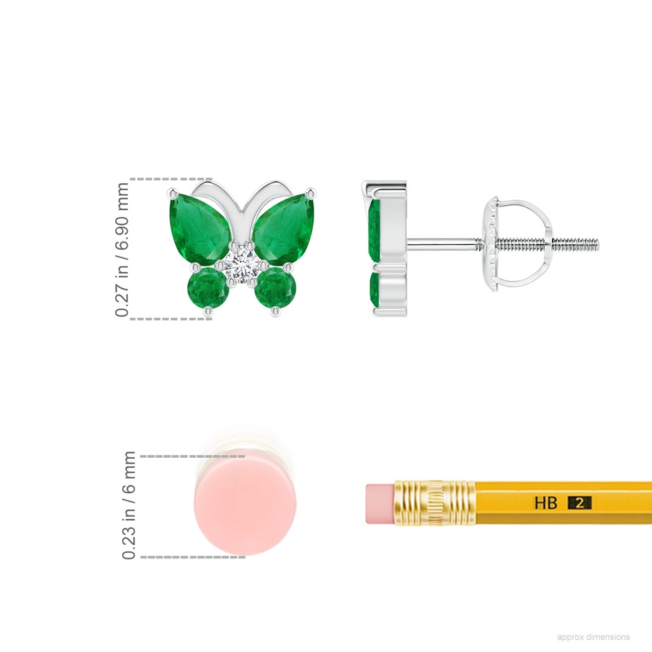 4x3mm AA Emerald Butterfly Stud Earrings with Diamond in P950 Platinum ruler