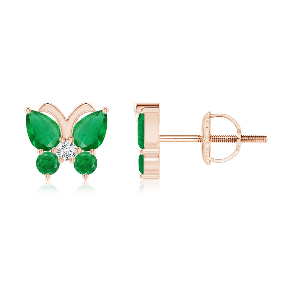 4x3mm AA Emerald Butterfly Stud Earrings with Diamond in Rose Gold 