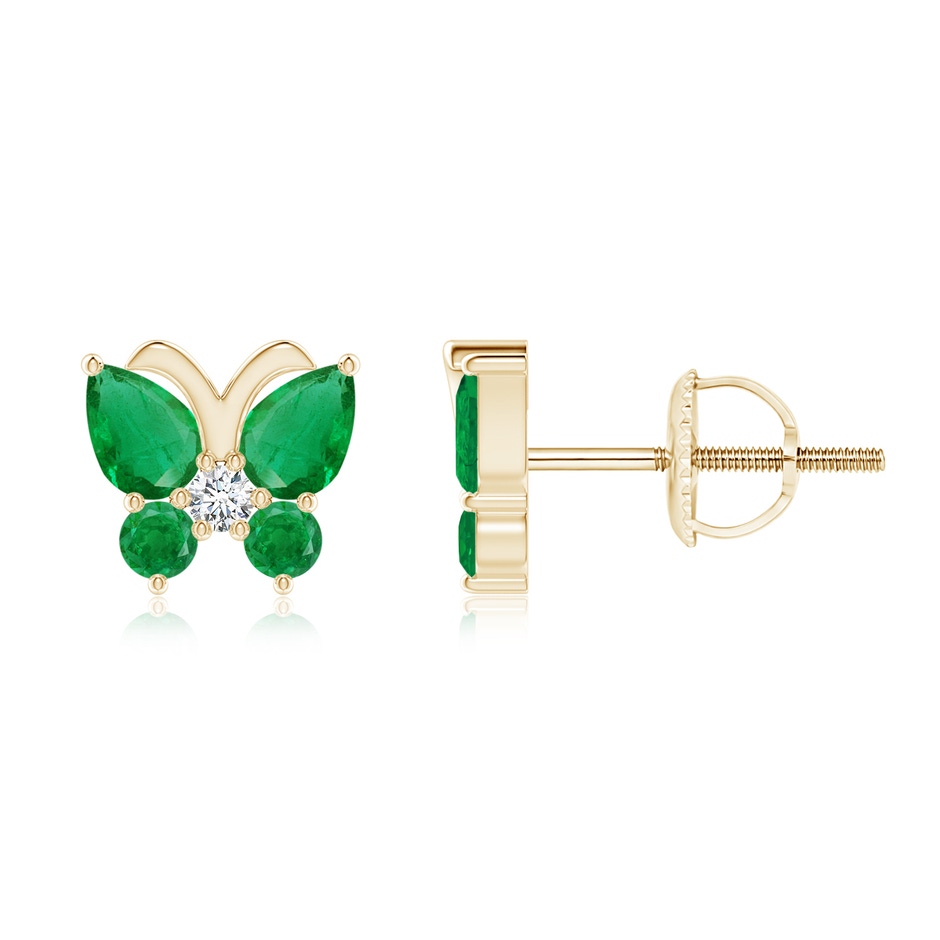 4x3mm AA Emerald Butterfly Stud Earrings with Diamond in Yellow Gold 
