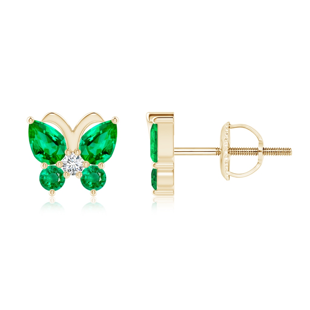 4x3mm AAA Emerald Butterfly Stud Earrings with Diamond in 9K Yellow Gold
