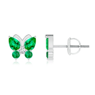 4x3mm AAA Emerald Butterfly Stud Earrings with Diamond in White Gold