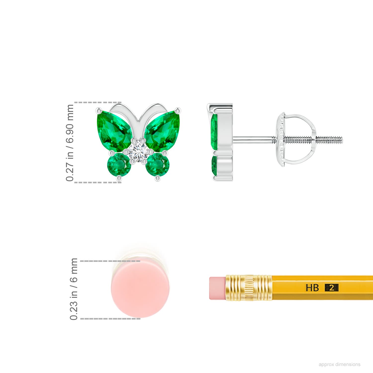 4x3mm AAA Emerald Butterfly Stud Earrings with Diamond in White Gold - ruler