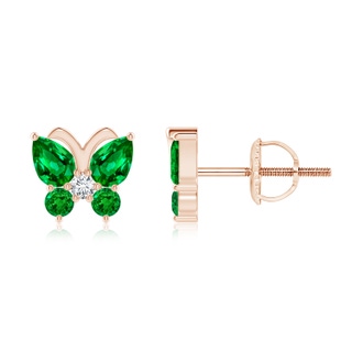 4x3mm AAAA Emerald Butterfly Stud Earrings with Diamond in 10K Rose Gold