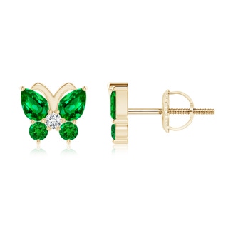 4x3mm AAAA Emerald Butterfly Stud Earrings with Diamond in Yellow Gold