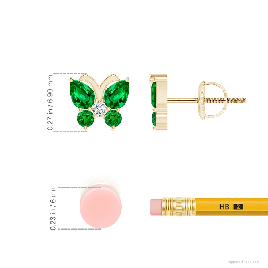 4x3mm AAAA Emerald Butterfly Stud Earrings with Diamond in Yellow Gold ruler