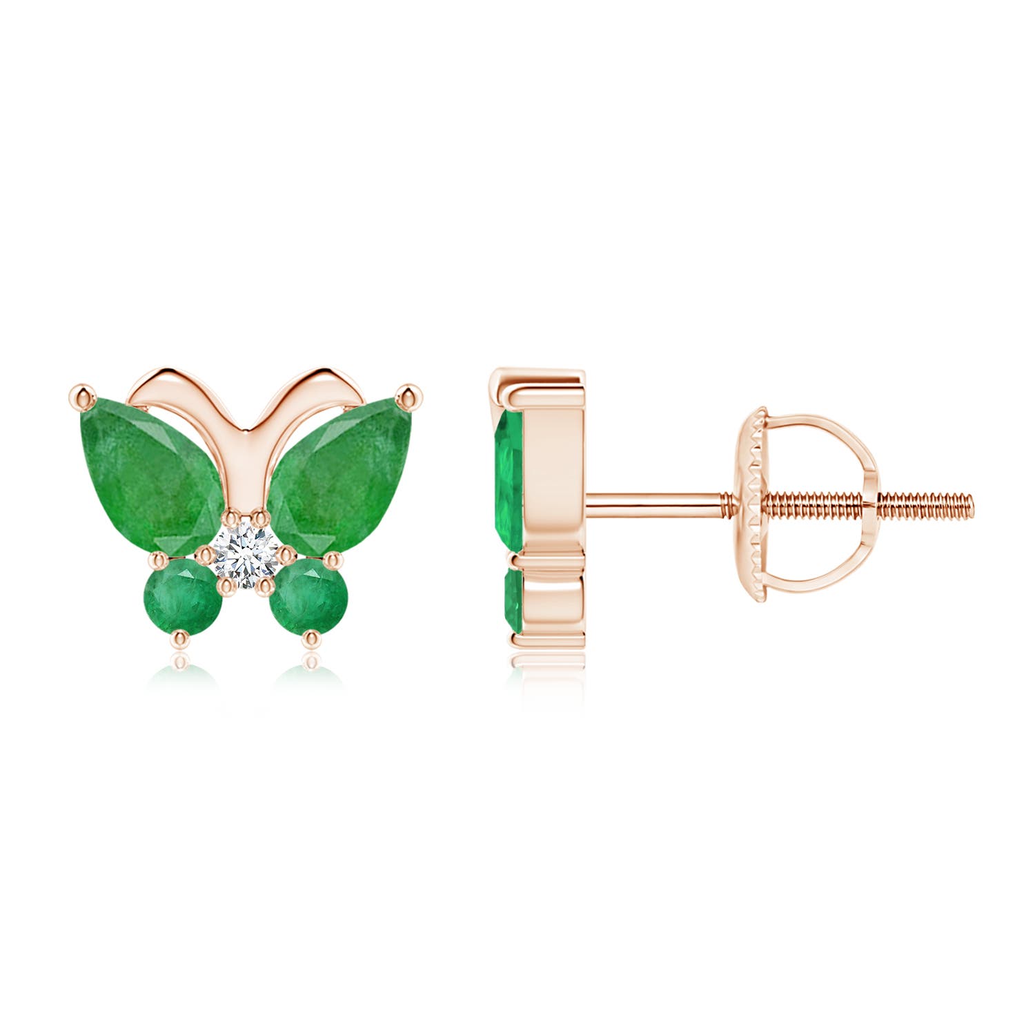 5x3mm A Emerald Butterfly Stud Earrings with Diamond in Rose Gold