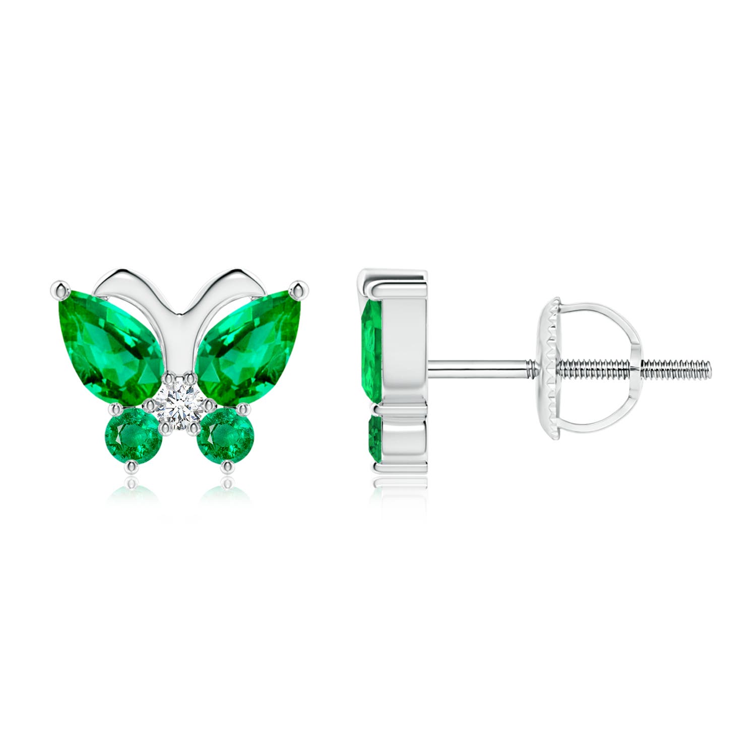 5x3mm AAA Emerald Butterfly Stud Earrings with Diamond in White Gold