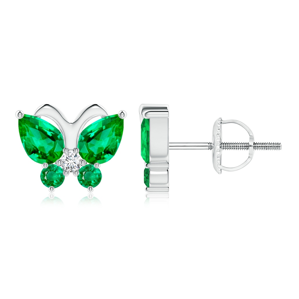 6x4mm AAA Emerald Butterfly Stud Earrings with Diamond in White Gold
