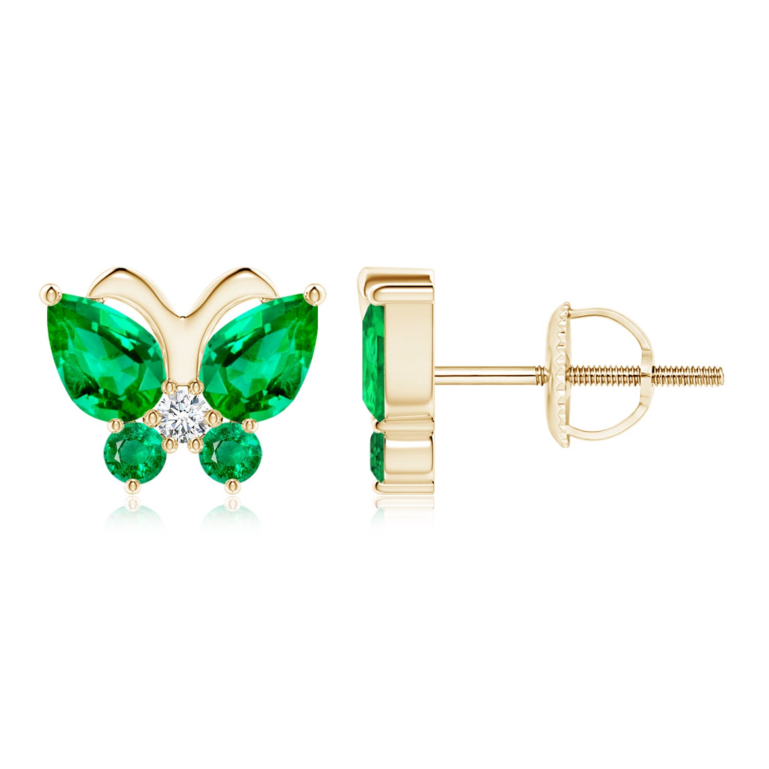 6x4mm AAA Emerald Butterfly Stud Earrings with Diamond in Yellow Gold