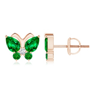 6x4mm AAAA Emerald Butterfly Stud Earrings with Diamond in 9K Rose Gold